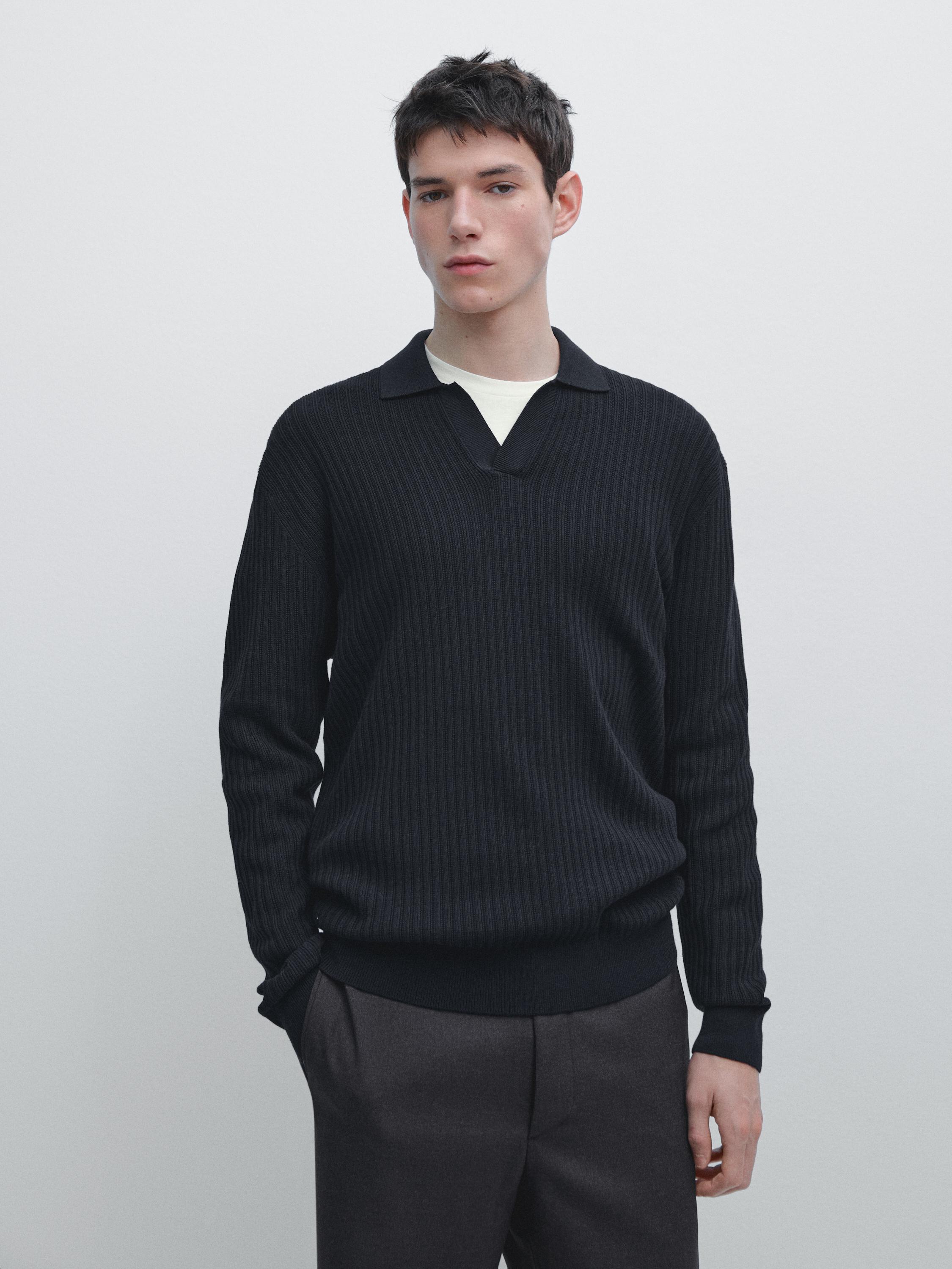 Cotton blend knit polo sweater
